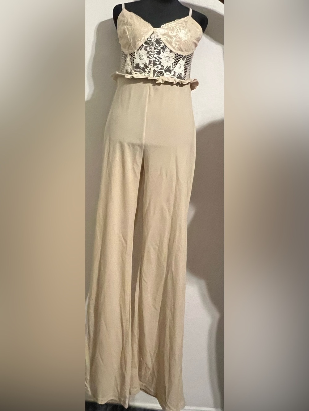 Unbranded Beige Lace Mesh Wide-Leg Jumpsuit XL NWT
